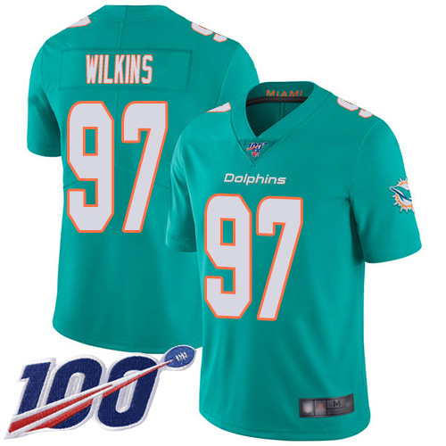 Nike Miami Dolphins 97 Christian Wilkins Aqua Green Team Color Men Stitched NFL 100th Season Vapor Limited Jersey